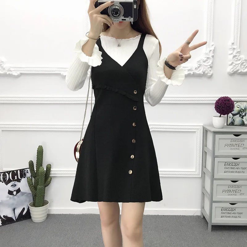 Vest skirt Black Корейское женское вязаное платье с глубоким v-образным вырезом без рукавов, повседневные платья-майки, женское платье, новинка, шерстяное платье, свободное платье на весну и осень - Цвет: Vest skirt Black
