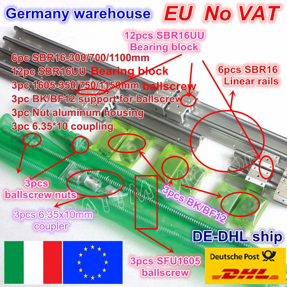 3 комплекта линейной направляющей SBR16 L 300/700/1100 мм & SFU/RM1605 350/750/1150 шариковый винт с