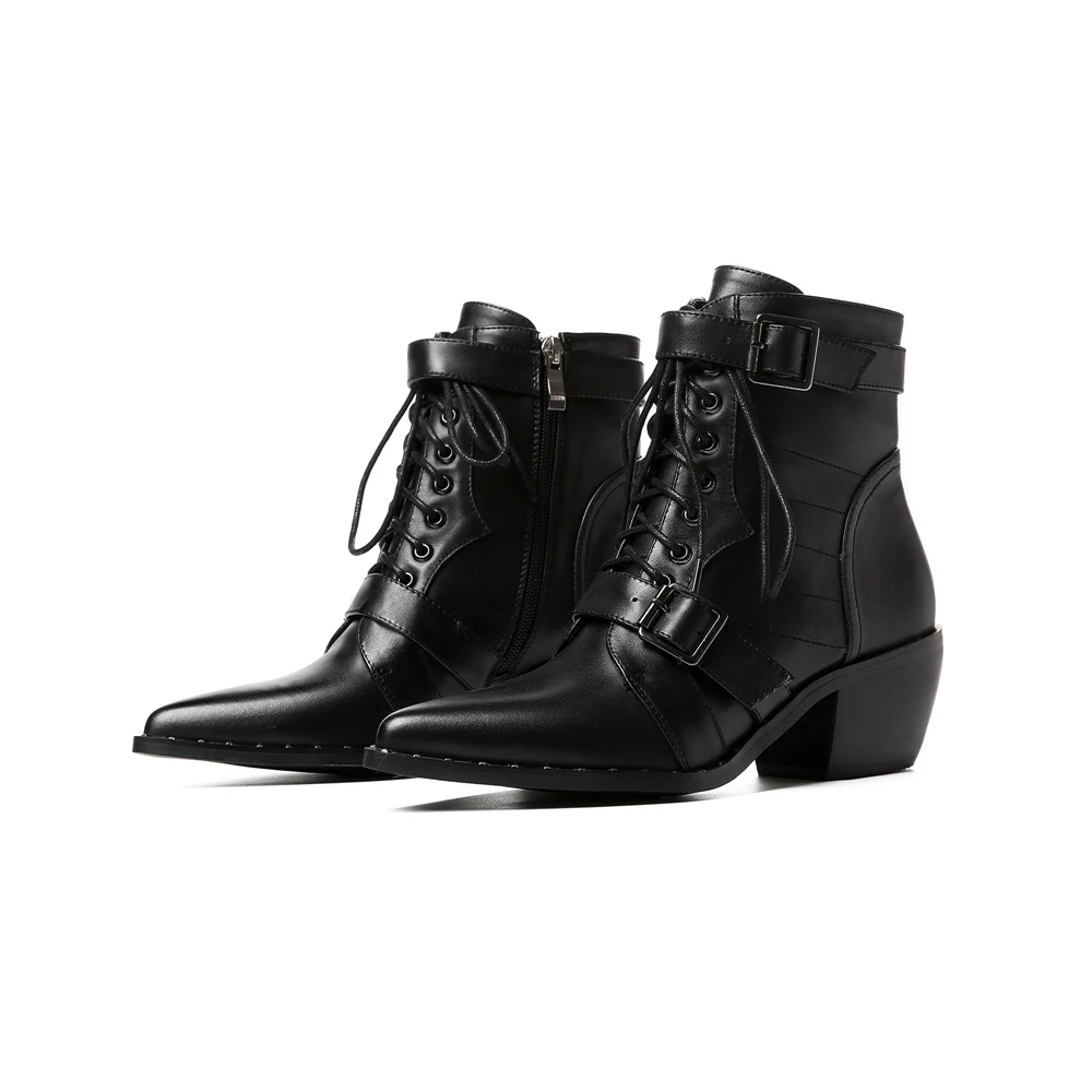 Buono Scarpe/Женские ботинки в байкерском стиле с заклепками фирменного дизайна; ботильоны на шнуровке с пряжкой; обувь на массивном каблуке с острым носком на молнии; Botas Mujer