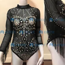 Черный сексуальный сценический костюм, стразы, бахрома, женский купальник, певица, танец, ночной клуб, бар, Звездные боди