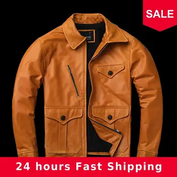 

2020 Men Brown Casual Leather Jacket Double Pockets Plus Size XXXXL Genuine sheepskin Russian Autumn Slim Fit Leather Coat