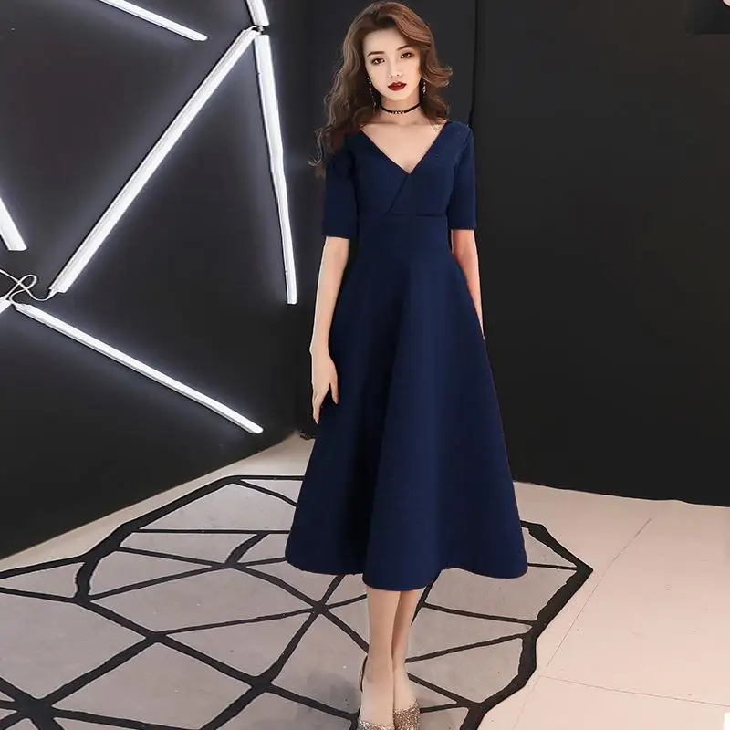 Navy Blue - A Вечерние темно-красные платья для невесты Qipao, одежда, расклешенное платье с длинным рукавом, платье Чонсам с v-образным вырезом, Восточное женское свадебное платье в китайском стиле - Цвет: Navy Blue - A