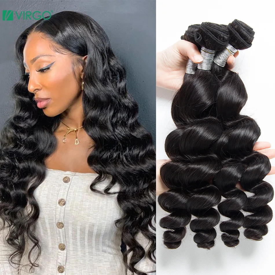 Virgo-pelo suelto con ondas peruanas, mechones de cabello humano postizo, cabello no Remy, 1 / 3 / 4 Uds., Color Natural se puede teñir/blanquear