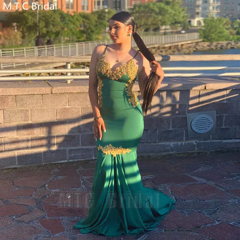 Green Mermaid Long Formal Dress Evening With Gold Lace Backless 