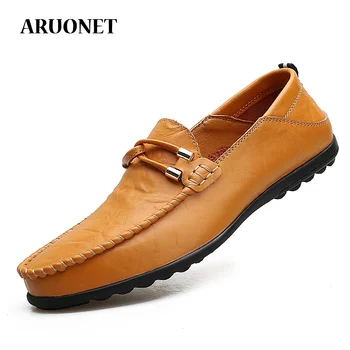 

AURONET Big Size Loafers Men Leather Slip On Soft Shoes For Men Italian Leather Loafers Brand Male Shoes zapatillas hombre