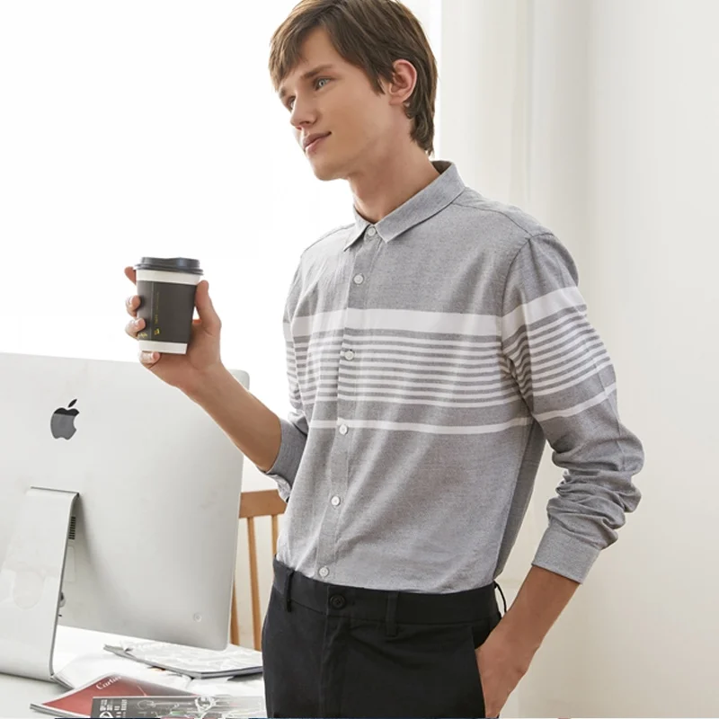 Goede Metersbonwe Merk Mannen Smart Casual Gestreepte Shirts Lente Herfst Mannelijke Slanke Lange Mouwen Shirts Reguliere Katoen Mannelijke Basic Tops