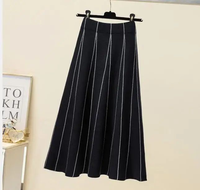 leather skirt 1pcs/lot High-waist knitted skirt autumn winter new loose mid-length long warm striped skirt red skirt