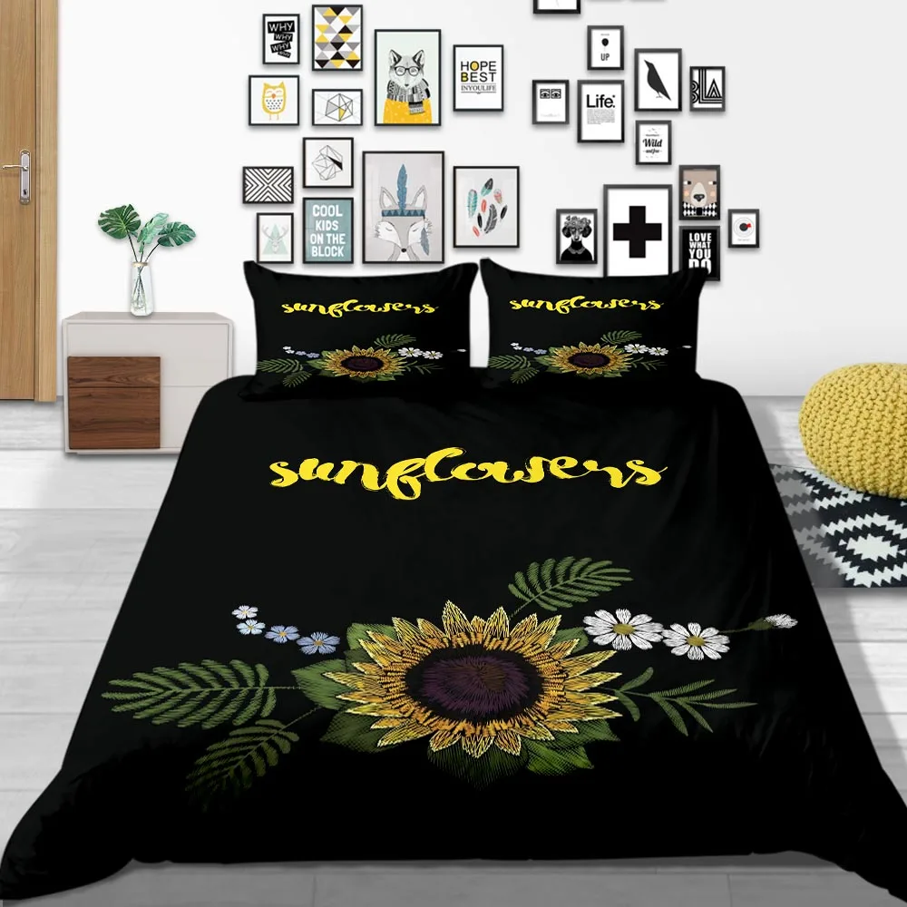 Thumпостельные принадлежности комплект постельного белья с подсолнухами King size художественный удобный черный пододеяльник Королева Твин Полный одиночный двойной комплект постельного белья