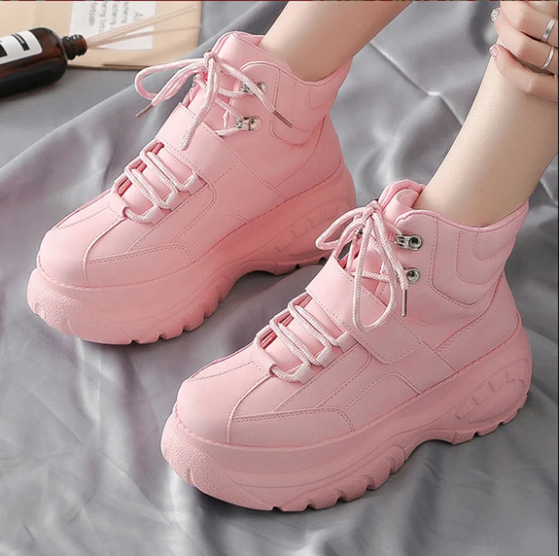 Женские кроссовки с высоким берцем; обувь на толстой подошве 5 см; дышащие кроссовки; цвет белый, розовый; трендовые уличные кроссовки; увеличивающие рост; большие размеры X1-47