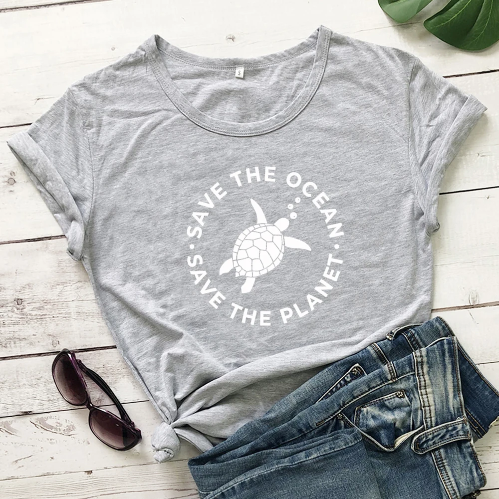 Футболка с принтом в виде черепахи Save The океана Save The Planet стильная женская футболка с графическим принтом и эко-принтом летняя хлопковая Футболка с круглым вырезом и лозунг tumblr - Цвет: gray-white text