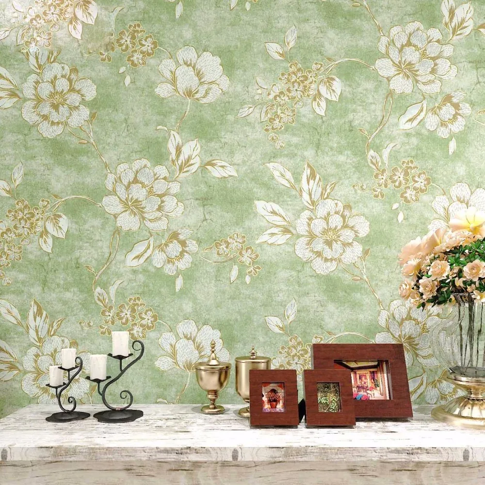 

American Style Wallpaper Vintage Flower 3d Rustic Wall Paper For Walls Non-woven Wallpaper For Living Room Green Floral Paper
