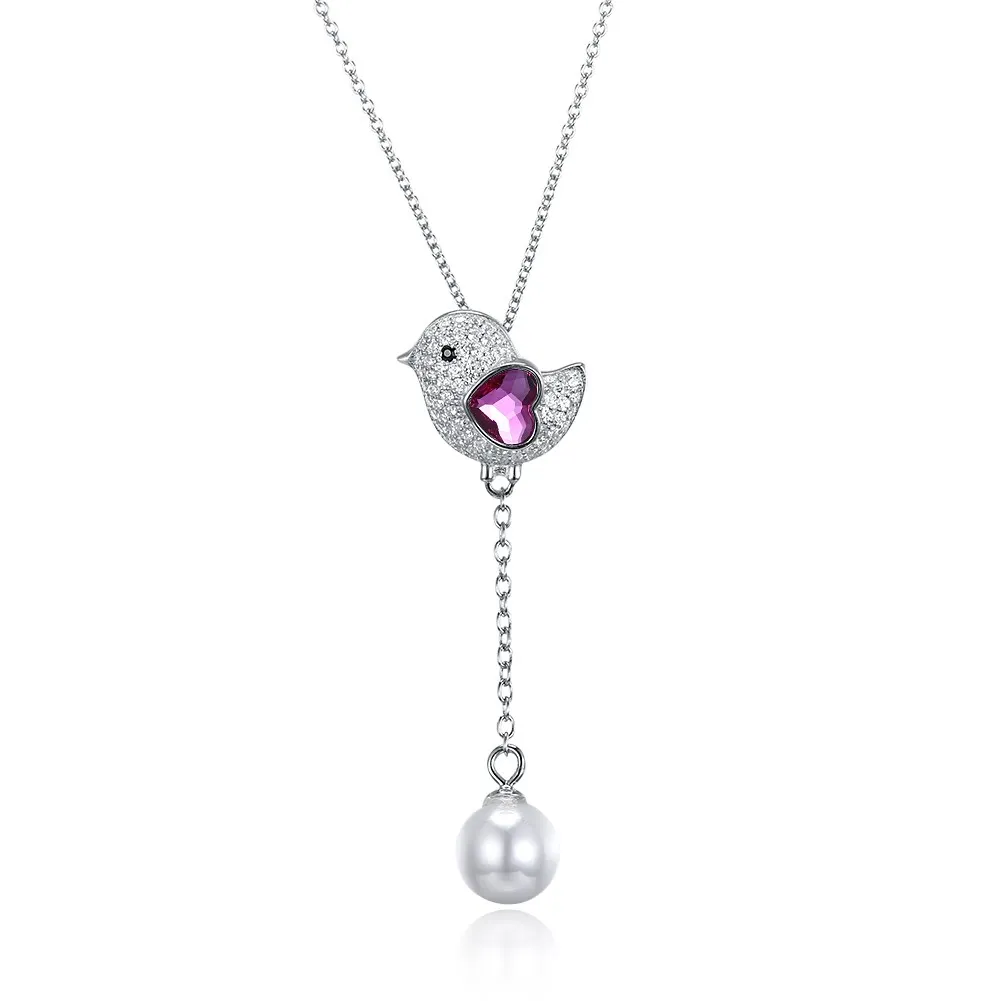 

silver 925 original diamond necklace delicate girl necklace Purple crystal bird pendientes necklace
