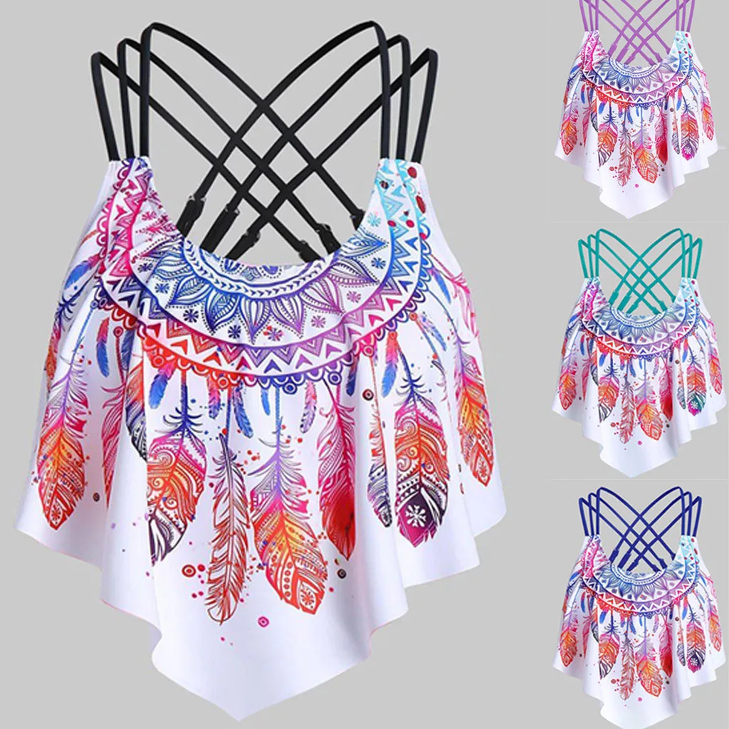 1pcs Top Women Bikini Overlay Flounce Crisscross Tankini Swimsuit Feather Print Strappy Padded Swim Bandage cross SwimWear |