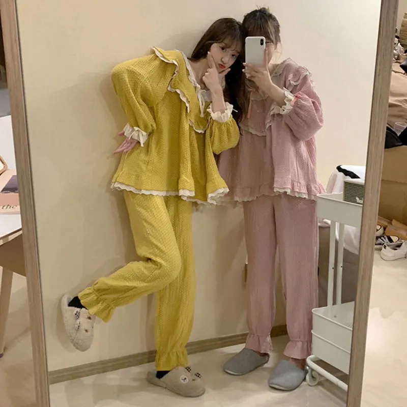 

Homewear Set Women's Autumn Thin Loose-Fit Cute Polka Dot Students-Outer Wear Long Sleeve Trousers Pajamas Two-Piece Set