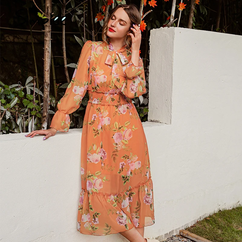 Simplee Casual bow tie boho women chiffon dress Trumpet sleeve ruffle slim female calf dress Vacation style A-line ladies dress Simplee Casual bow tie boho women chiffon dress Trumpet sleeve ruffle slim female calf dress Vacation style A-line ladies dress