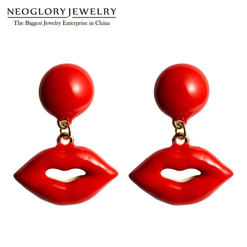 

Neoglory Red Lips Cute Drop Earrings For Women Sexy Mouth Red Enamel New Korean Lovely Party Jewelry Gift for Girlfriend