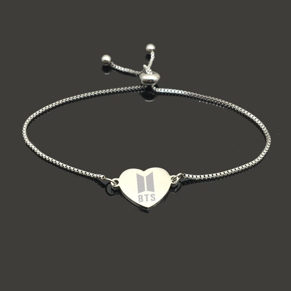 Boxed Kpop Bangtan Boys Charm Silver Color Chain Heart Lovers Bracelet Stainless Steel Lettering Couple Fashion Jewelry | Украшения и