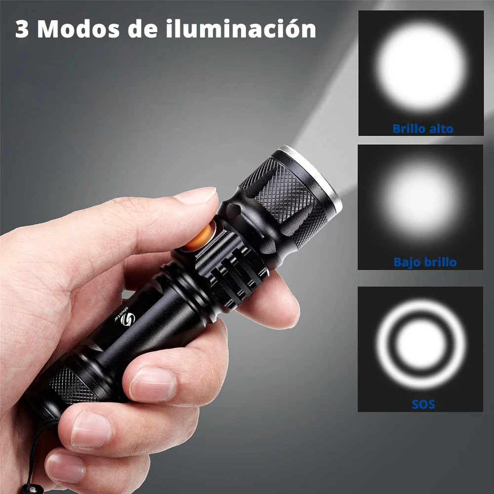 Linterna LED potente con cabezal de carga USB trasero, linterna portátil con zoom resistente al agua, 3 modos de iluminación con batería integrada