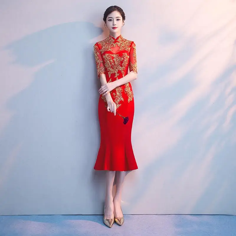 Темно-Красное длинное платье невесты Cheongsam бальное платье восточные женские свадебные Qipao элегантный в китайском стиле Вечерние платья Vestido XS-3XL - Цвет: Red - A