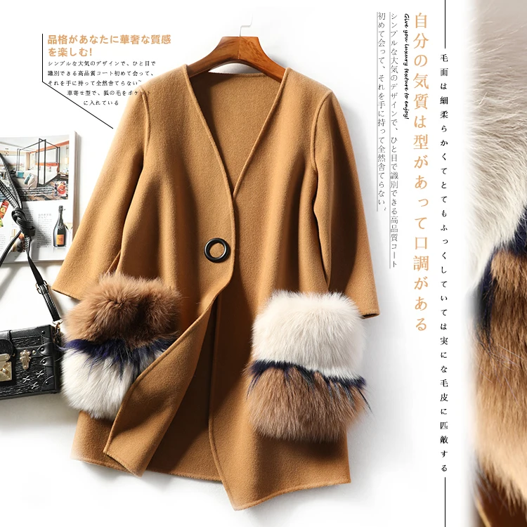 Goedkoop Grote Vos Bont Tas dubbelzijdig Wol Vrouw Jas 2019 Gecontracteerd Temperament 7 Punten mouw V hals Lange Dames Jassen