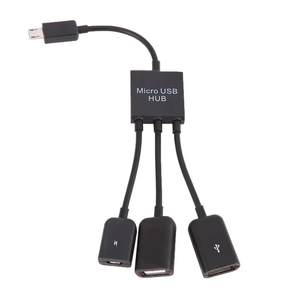 3 in 1 Micro USB HUB Male to Female Double USB 2.0 Host OTG Adapter Cable Converter Extender Universal For Mobile Phones Black