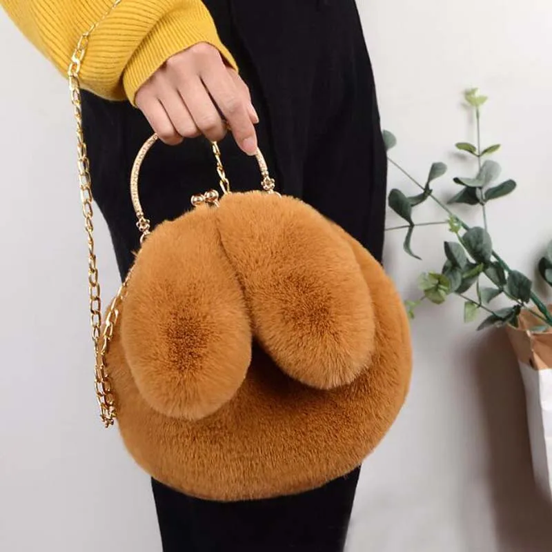 

Cute Rabbit Pompoms Chain Bag with Handle Handbags Women Cartoon Rabbit Sling Fluffy Bag Winter Bunny Girls Shoulder Plush Bags