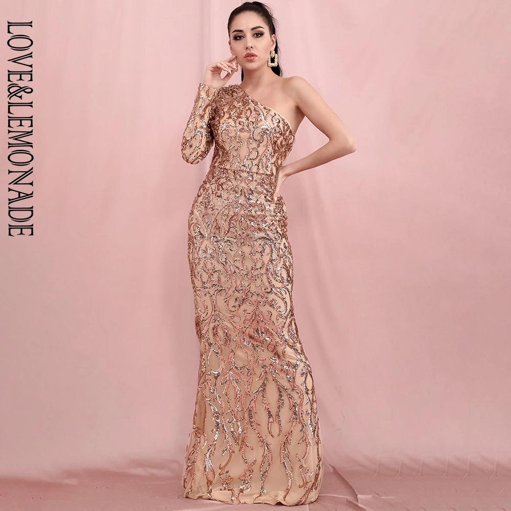 LOVE&LEMONADE Sexy One Shoulder Off Shoulder Nude Gold Geometric Sequins Bodycon Party Maxi Dress LM82472 1|Dresses| - AliExpress