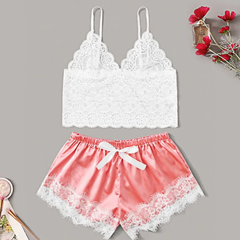 Women Sleep Wear Sexy Lingerie Satin Lace V-Neck Camisole Shorts Set Sleepwear Pijamas Women Sleeping Clothes Sleepwear Women