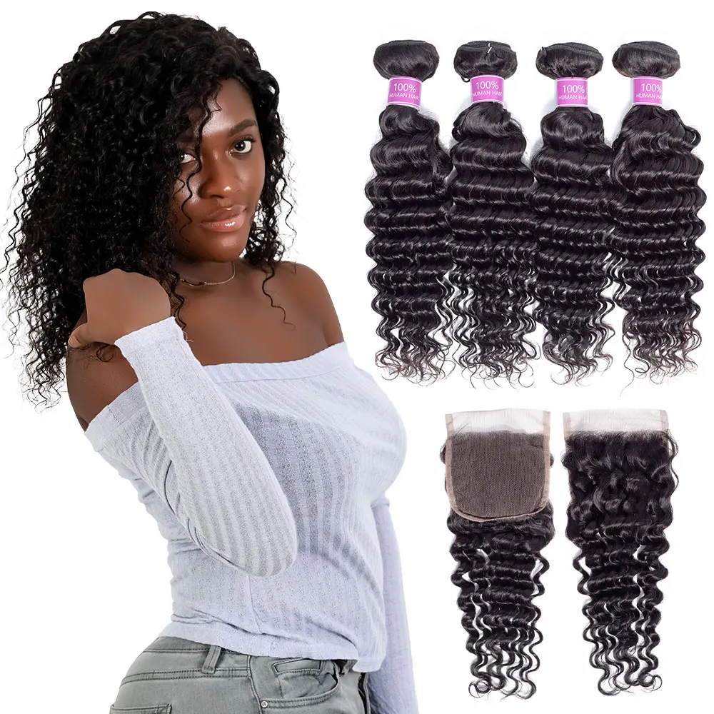 Deep Wave Human Hair Bundles With Closure Malaysian Hair Weave 4
