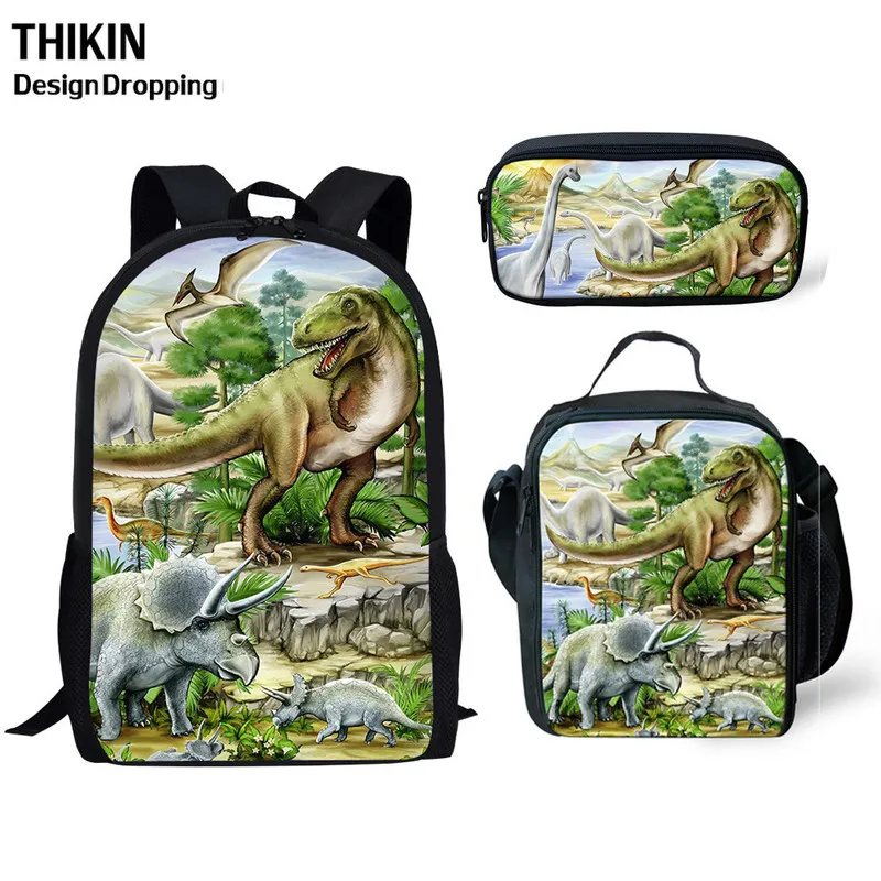 

THIKIN School Bags 3pcs Set for Kids Tyrannosaurus Rex 3D Dinosaur Printing Schoolbag Dino School Bag Children Boys Cool Bag