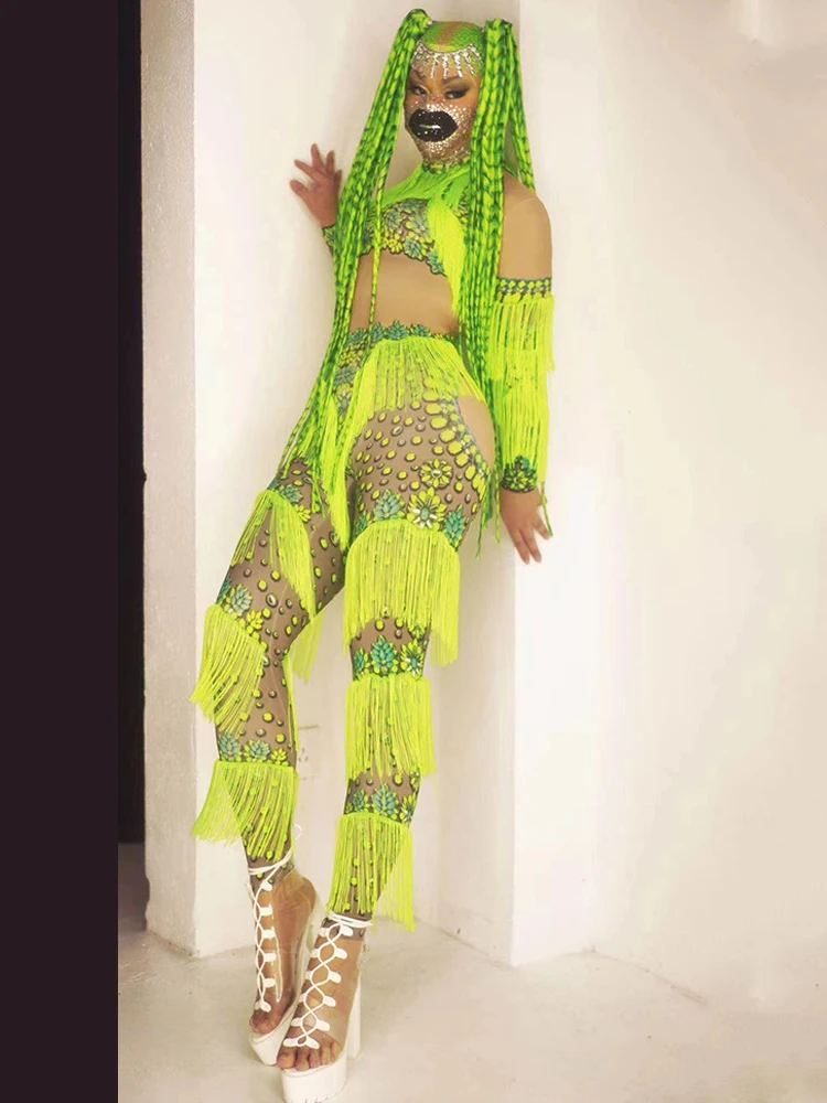 

Sexy Green Tassels Bodysuit Women Singer Costume Long One-Piece Nightclub Gogo Dj Show Outfit Party Dresses Stage Wear DNV14226
