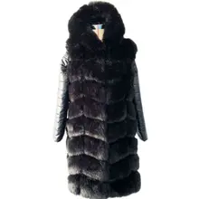  HJQJLJLS 2021 Winter Women Long Black PU Leather Removable Sleeve Fur Coat with Hooded Female High Imitation Fluffy Fur Jacket 