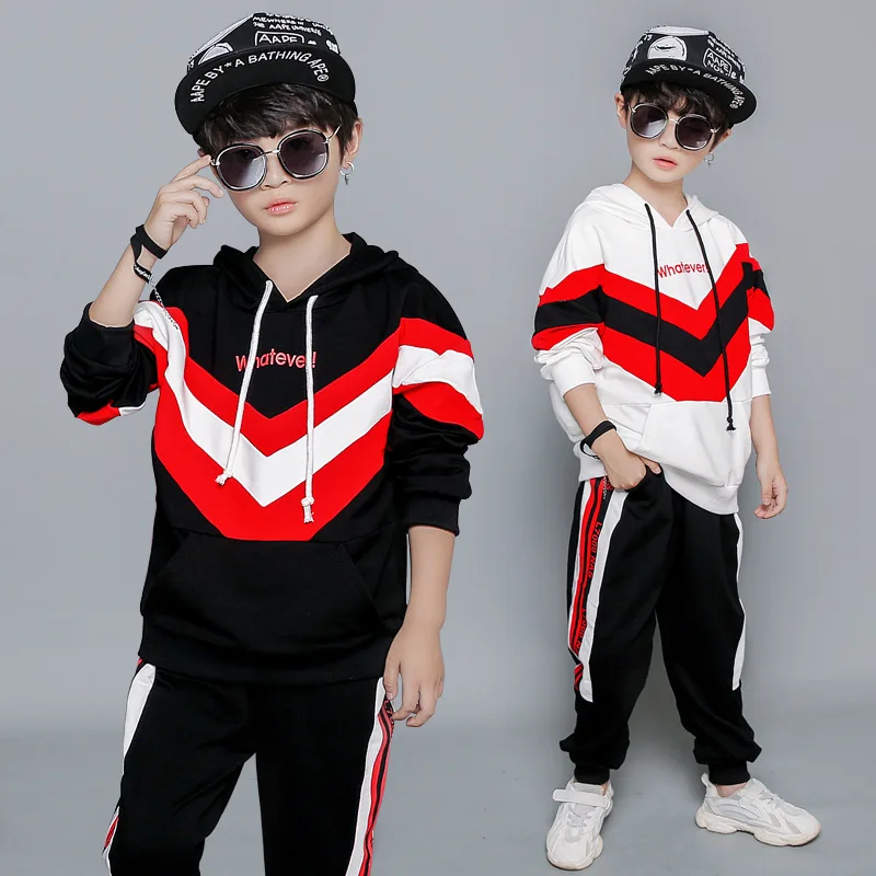 

Kids Clothes Sets 2019 Spring and Autumn Striped Sets Teenage Boy Sports Suit Hooded Hip Hop Two-piece White Black Loose Suit