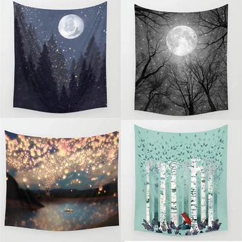 

Dropshipping Forest Moon Tapestry Wall Hanging Hippie Polyester Home Decor Blanket Fabric Bedroom 180×230CM With 6M Light