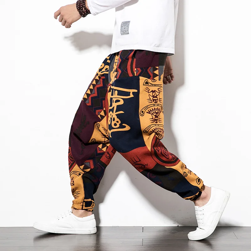 

2019 Autumn New Style Chinese-style Cotton Linen Casual Pants Men's Printed Long Pants Fashion Large Size Loose-Fit xi ha ku