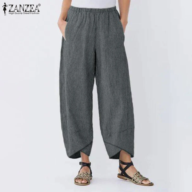 

Women Striped Wide Leg Pants 2019 ZANZEA Ladies Casual Pockets Trousers Cotton Linen Elastic Waist Pantalones Mujer Streetwear