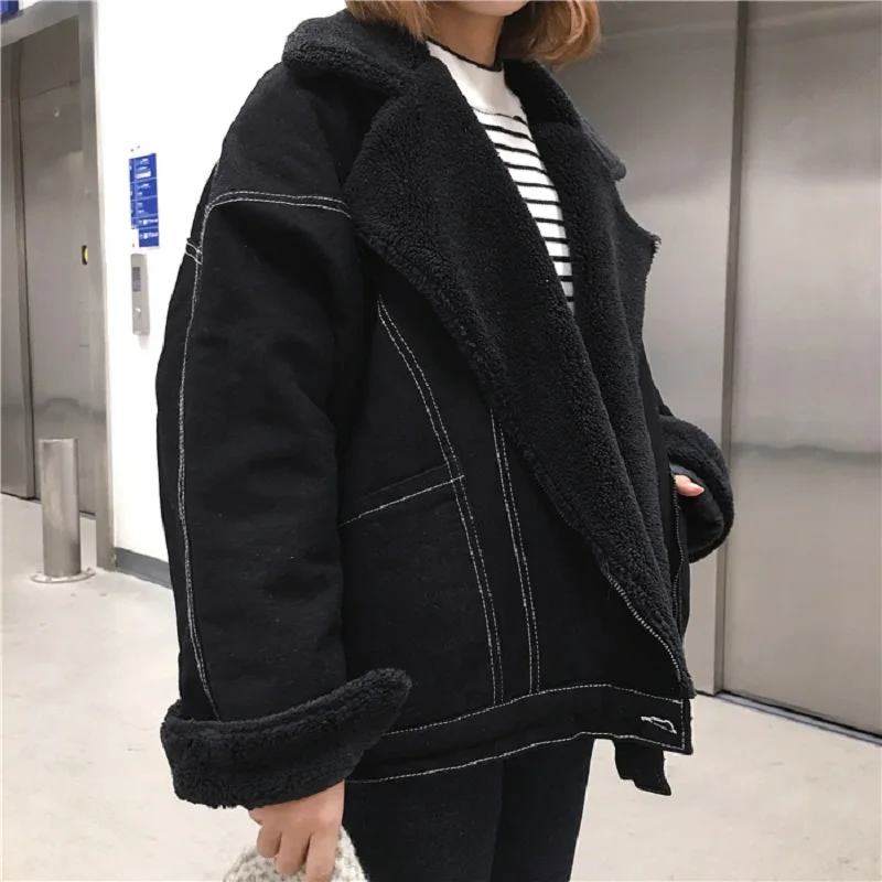 Korea new loose plus velvet thickening lamb fur coat female winter ins Harajuku vintage BF denim casual fashion women jacket