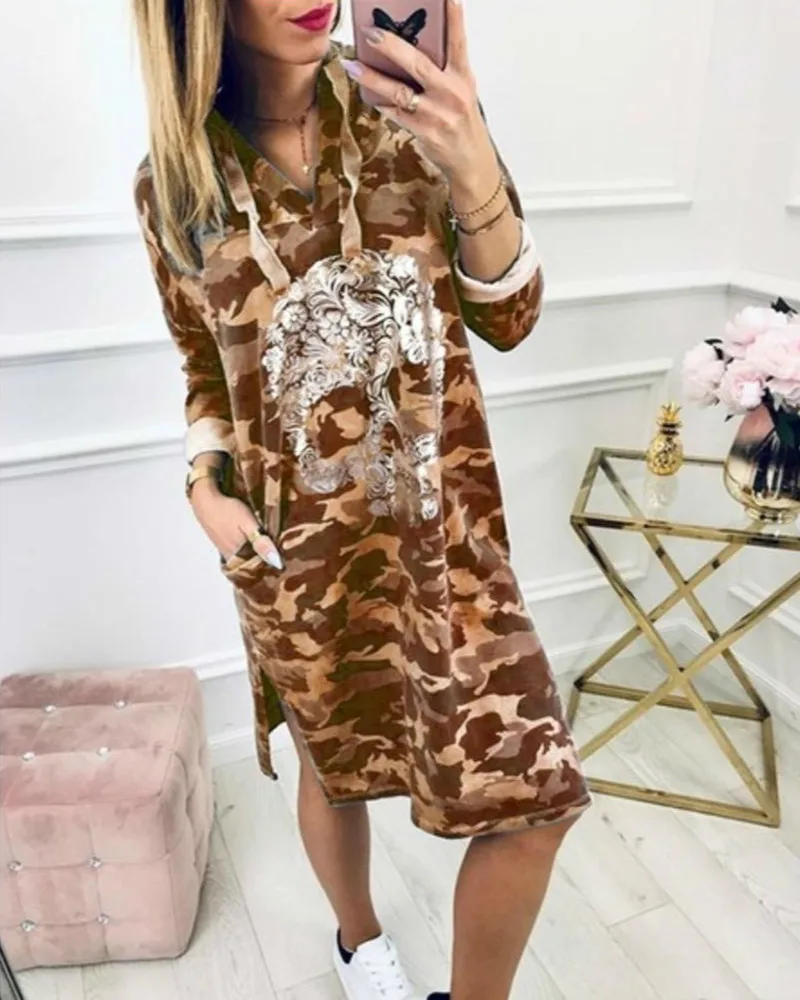 Uguest 2019 S-5XL Women Autumn Dress Camouflage Skeleton Printed Skull V Neck Long Sleeve Casual Loose Hooded Dresses Vestido | Женская