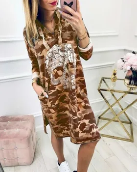 

Uguest 2019 S-5XL Women Autumn Dress Camouflage Skeleton Printed Skull V Neck Long Sleeve Casual Loose Hooded Dresses Vestido