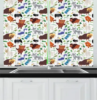 

White Multicolor Woodland Kitchen Curtains Cartoon Style Depiction Wild Animals North America Floral Motifs Window Drapes