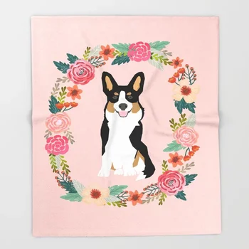 

Dog Corgi Cartoon Throw Blanket Cute Kids Design Tricolored Floral Wreath Flowers Blankets Beds Christmas Decorations for Home
