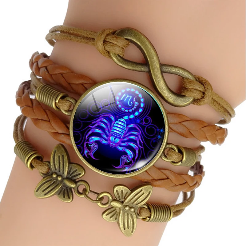 12 Zodiac Sign Woven Leather Bracelet Aquarius Pisces Aries Taurus Constellation Jewelry Birthday Gift