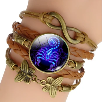 12 Zodiac Sign Woven Leather Bracelet Aquarius Pisces Aries Taurus Constellation Jewelry Birthday Gift