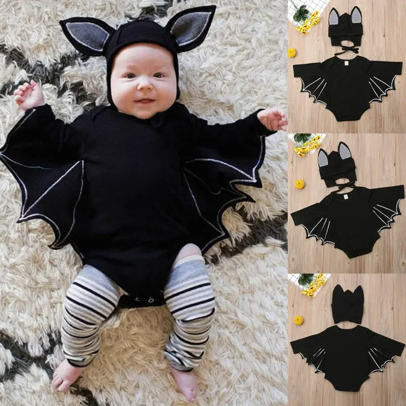 Halloween Bat Romper Hat Outfits Newborn Infant Baby Boys Girls Toddler Kids Cosplay Costume Set Clothes 0-18M