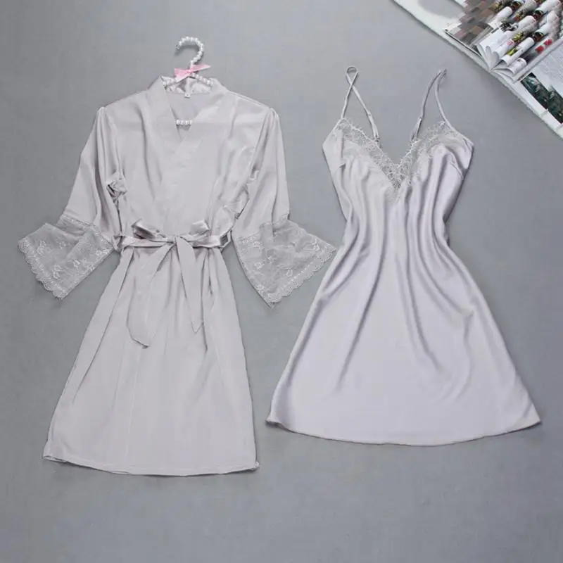 Сексуальные женские Кружево Satin Robe платье однотонные мягкие ночная рубашка кимоно халат пижамы свадебные туфли невесты Халаты - Цвет: Gray Robe Set