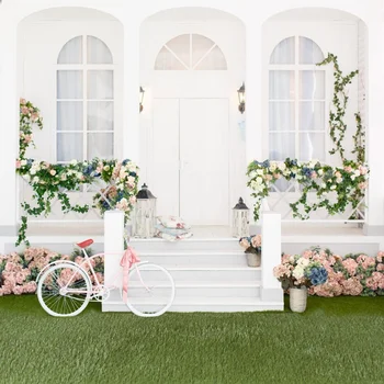 

Laeacco Gray White House Spring Flowers Green Grass Stage Love Party Baby Child Portrait Scenic Photo Background Photo Backdrops