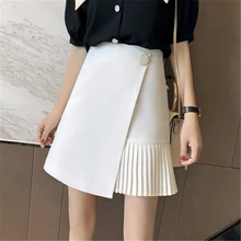 Однотонная женская плиссированная юбка шикарная на пуговицах трапециевидная Женская юбка с высокой талией Весенняя Повседневная Женская Милая юбка выше колена в стиле пэчворк