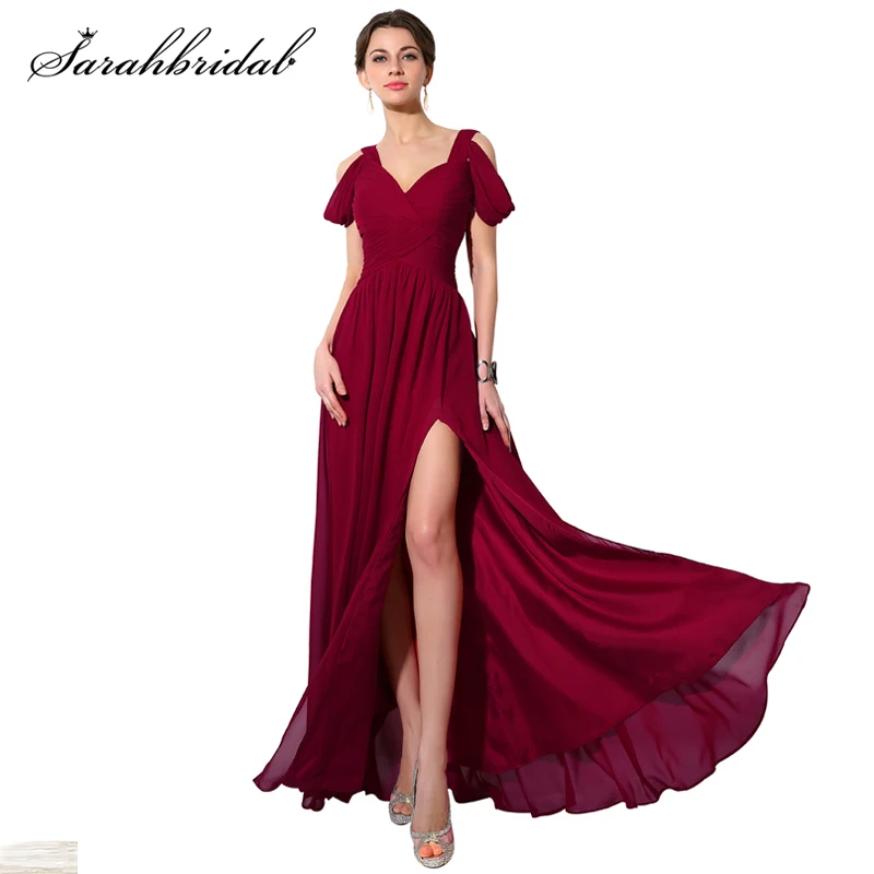 

New 2020 Sexy Burgundy Bridesmaid Dress Long Off Shoulder A Line Side Split Wedding Party Gown robe demoiselle d'honneur SD186