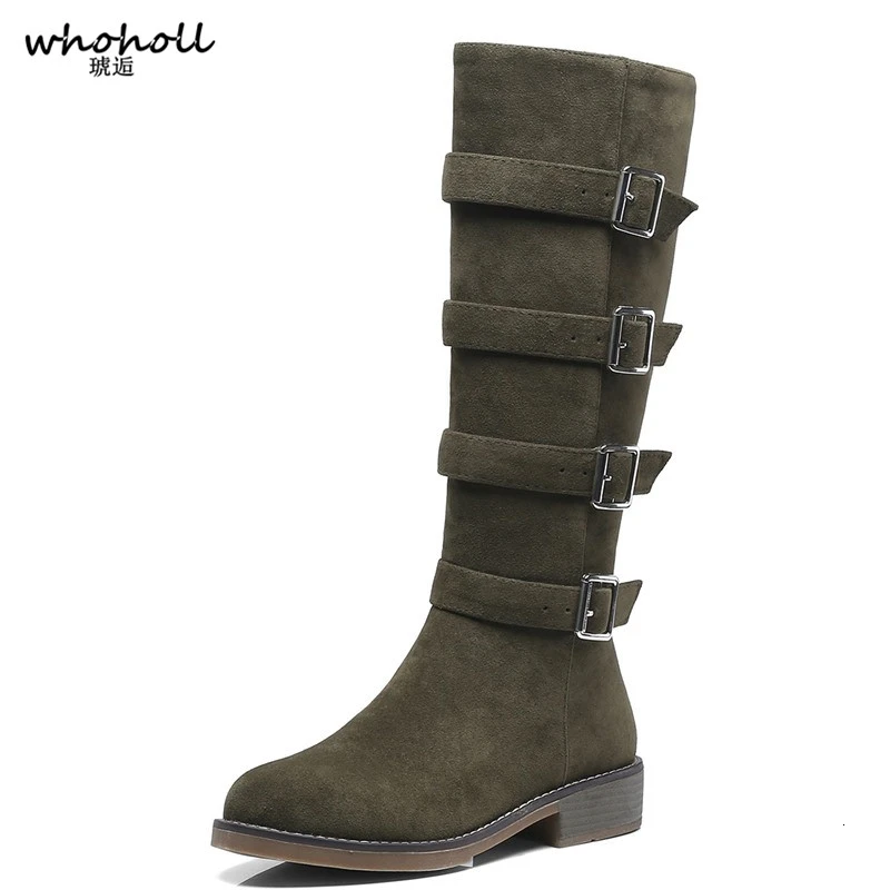 

Winter New Concise Knee High Boots Outside Comfortable Mid Heels Zip Bluckle Flock Women Shoes Drop Shipping Size 32-43