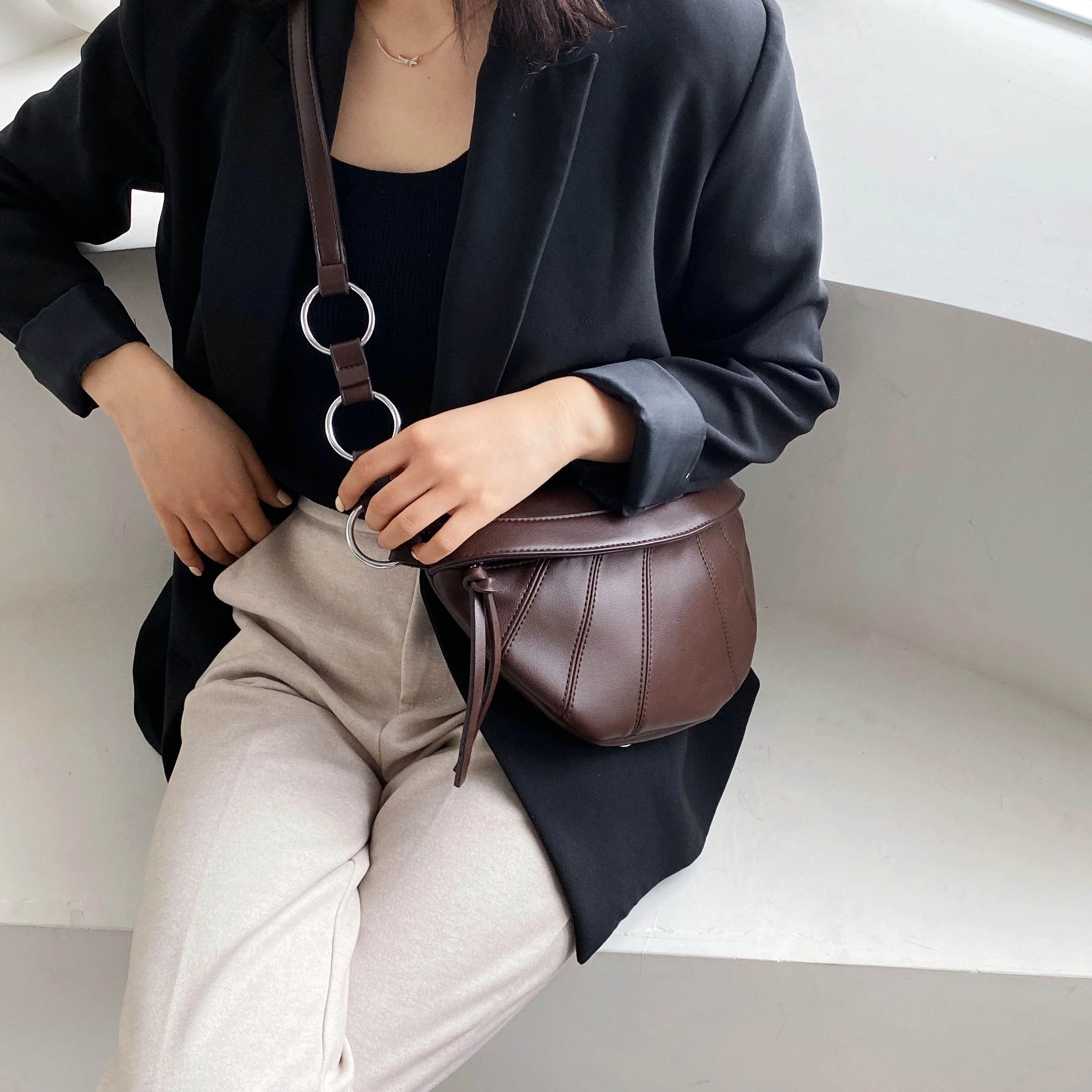  Vintage PU Leather Crossbody Bags For Women 2019 Small Solid Color Spliced Shoulder Messenger Bag L - 4000336565226